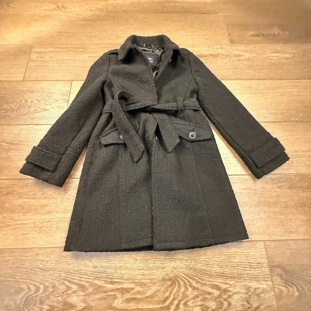 Gap Girls Button Front Pea Coat Black Textured Tie Special Occasion Winter M
